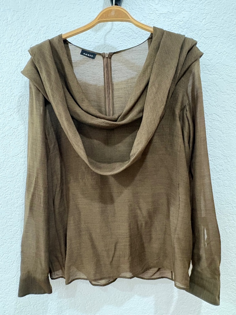 AKRIS Silk Blouse • Draped Neck • Sheer Lightweight Top in Earthy Olive Tone